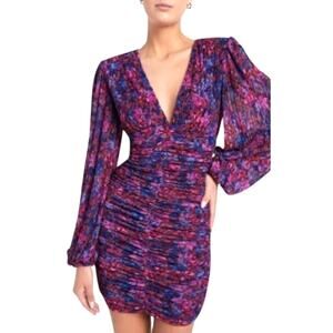 Rebecca Vallance Cherry Bomb Floral Ruched Long Sleeve V-Neck Mini Dress-4